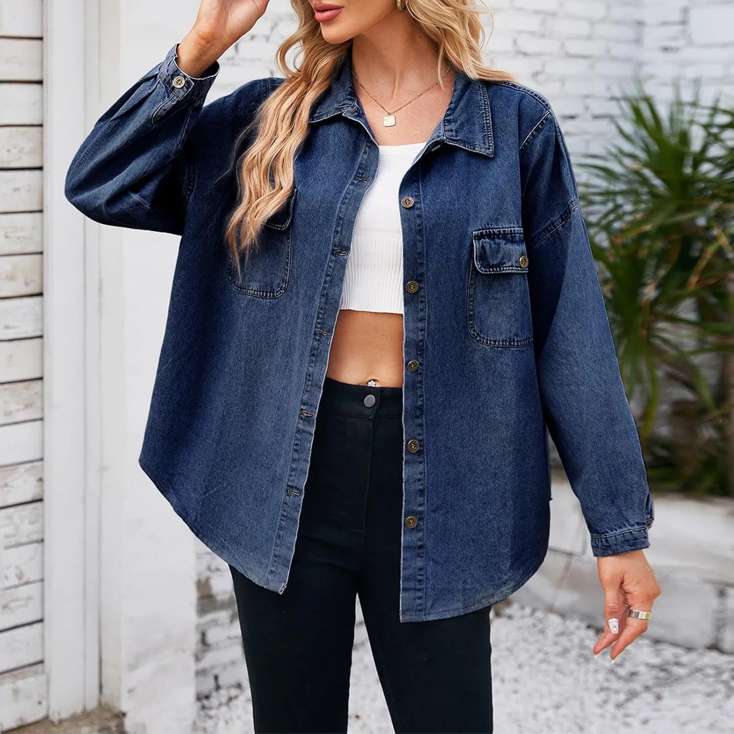 2024 Jean Jackets for Women Fashion Oversized Boyfriend Button Down Basic Denim Jacket Loose Fit Fall Shacket Jacket