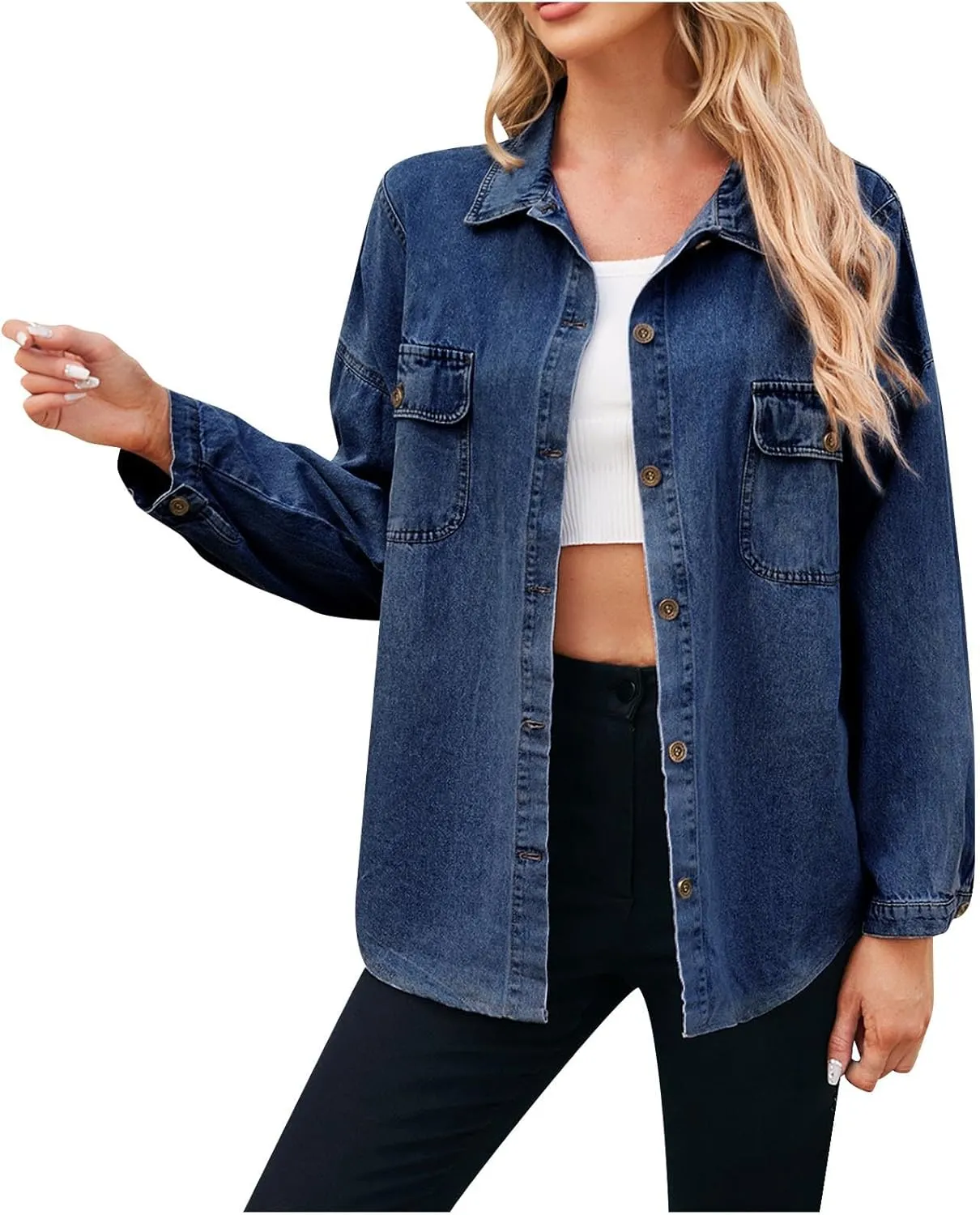 2024 Jean Jackets for Women Fashion Oversized Boyfriend Button Down Basic Denim Jacket Loose Fit Fall Shacket Jacket