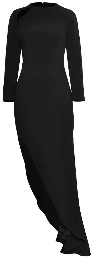 Asymmetrical Cut-Out Long-Sleeve Gown, Black