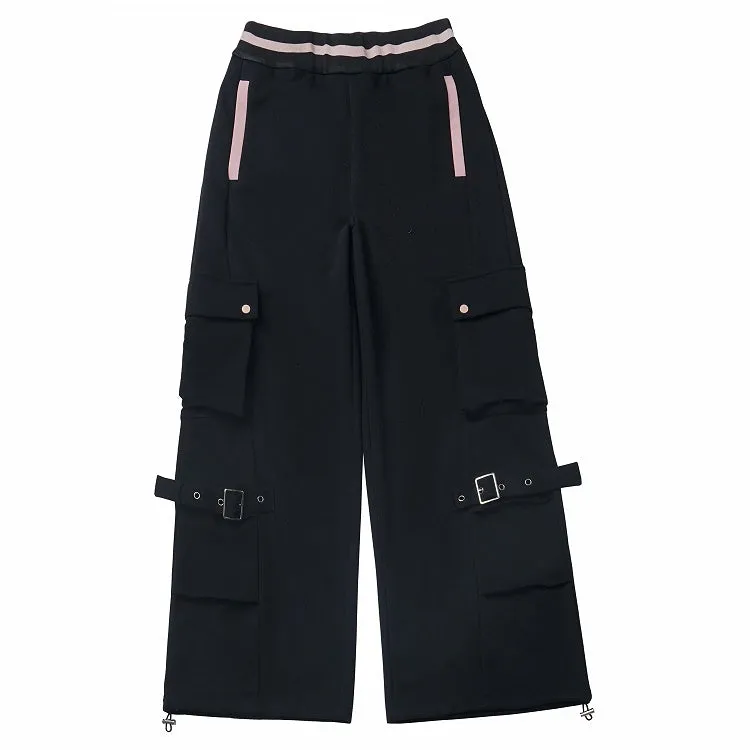 Black Elastic Waist Buckle Straps Cargo Pants