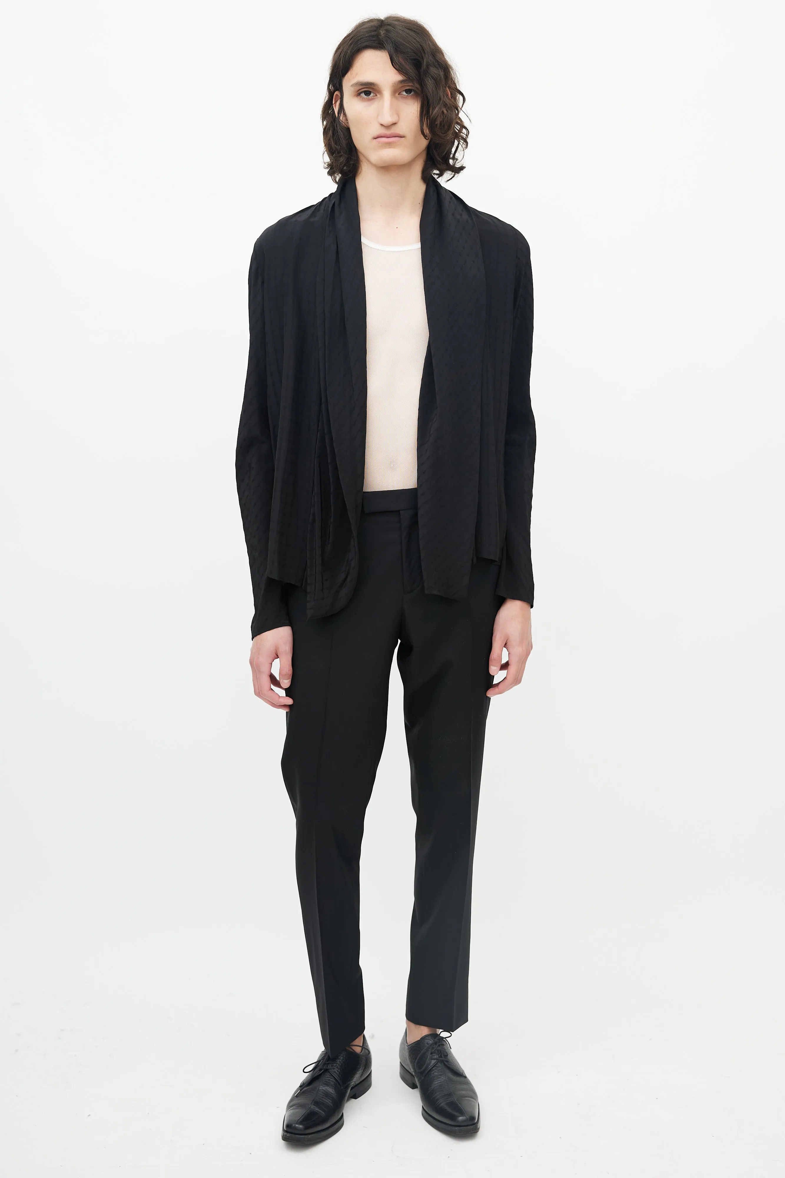 Black Shawl Collar Jacquard Dot Cardigan