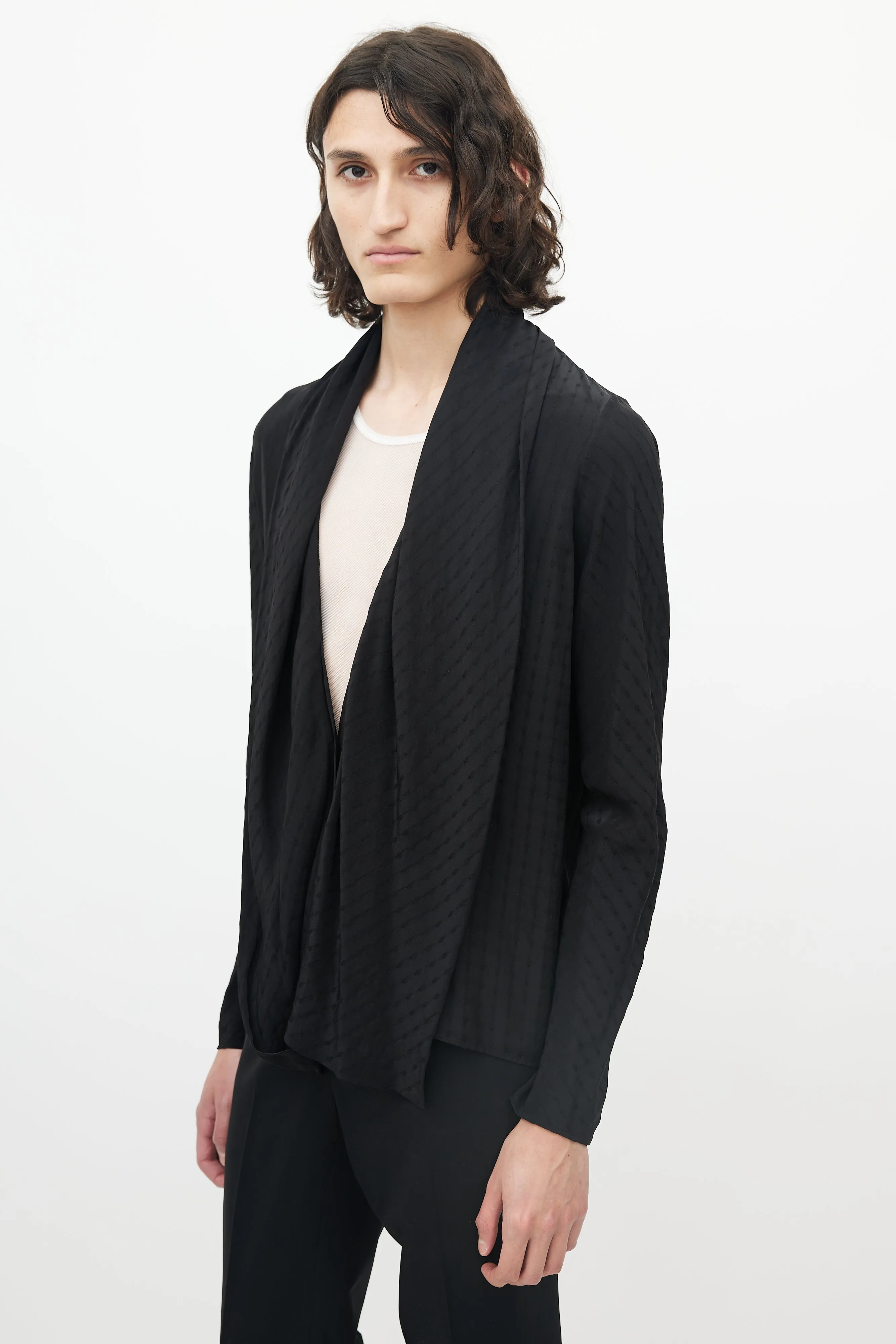Black Shawl Collar Jacquard Dot Cardigan