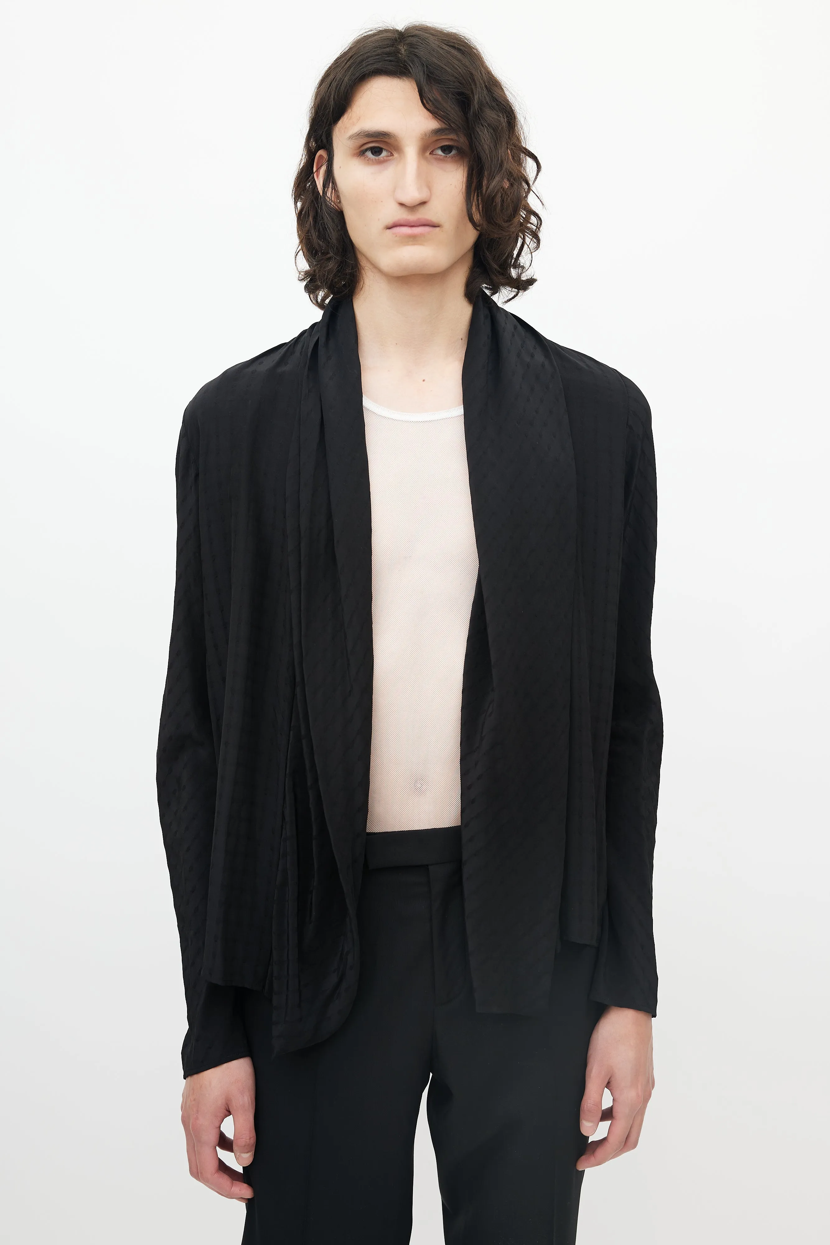 Black Shawl Collar Jacquard Dot Cardigan