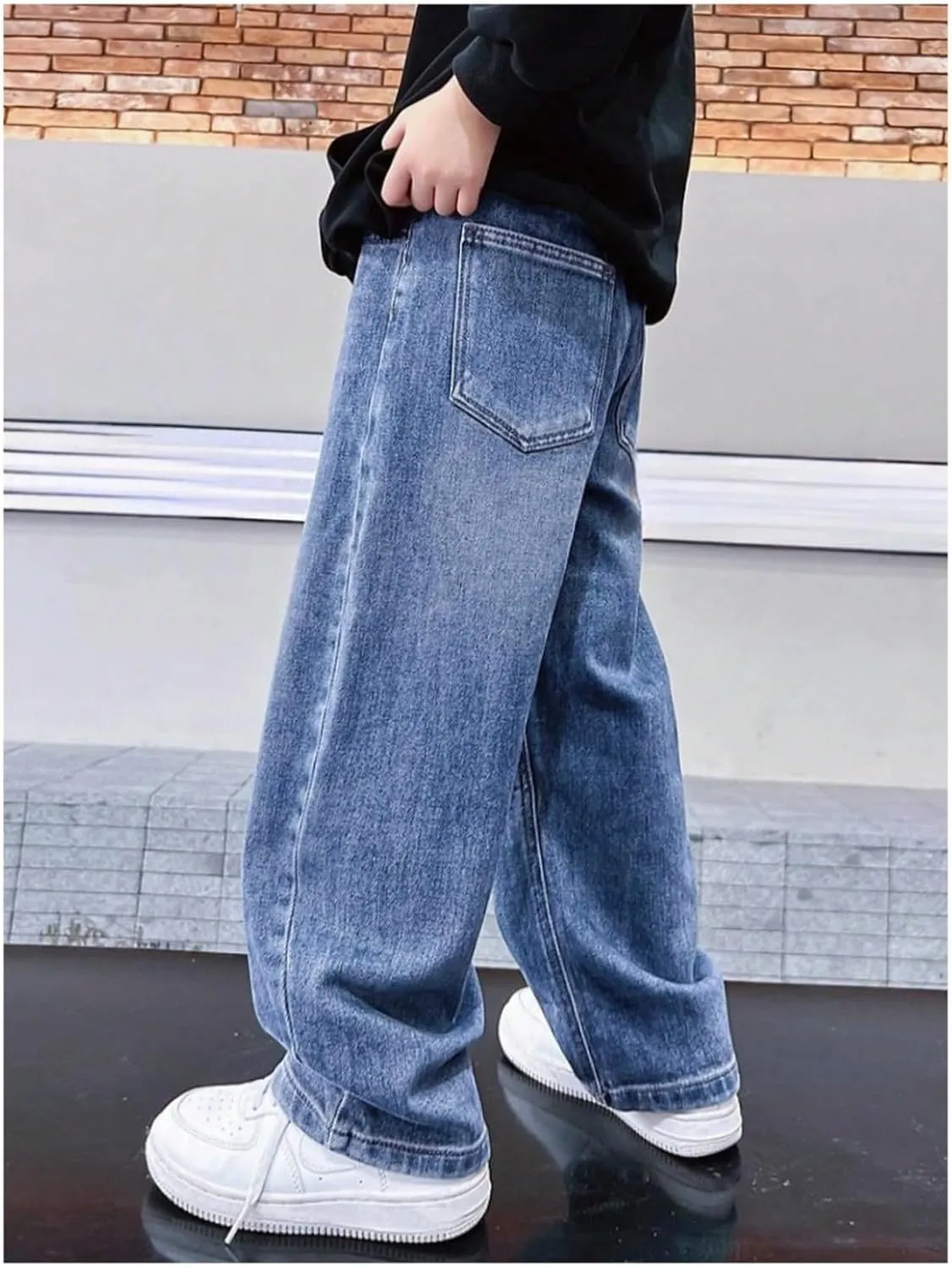 Boy's Baggy Jeans for Kids Teen Casual Straight Wide Leg Cargo Jeans Y2K Loose Elastic Waist Denim Pants Trousers