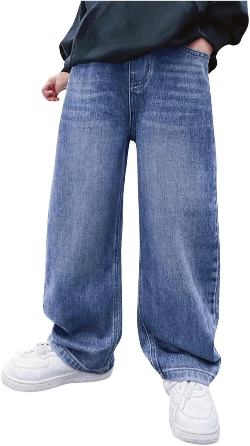 Boy's Baggy Jeans for Kids Teen Casual Straight Wide Leg Cargo Jeans Y2K Loose Elastic Waist Denim Pants Trousers