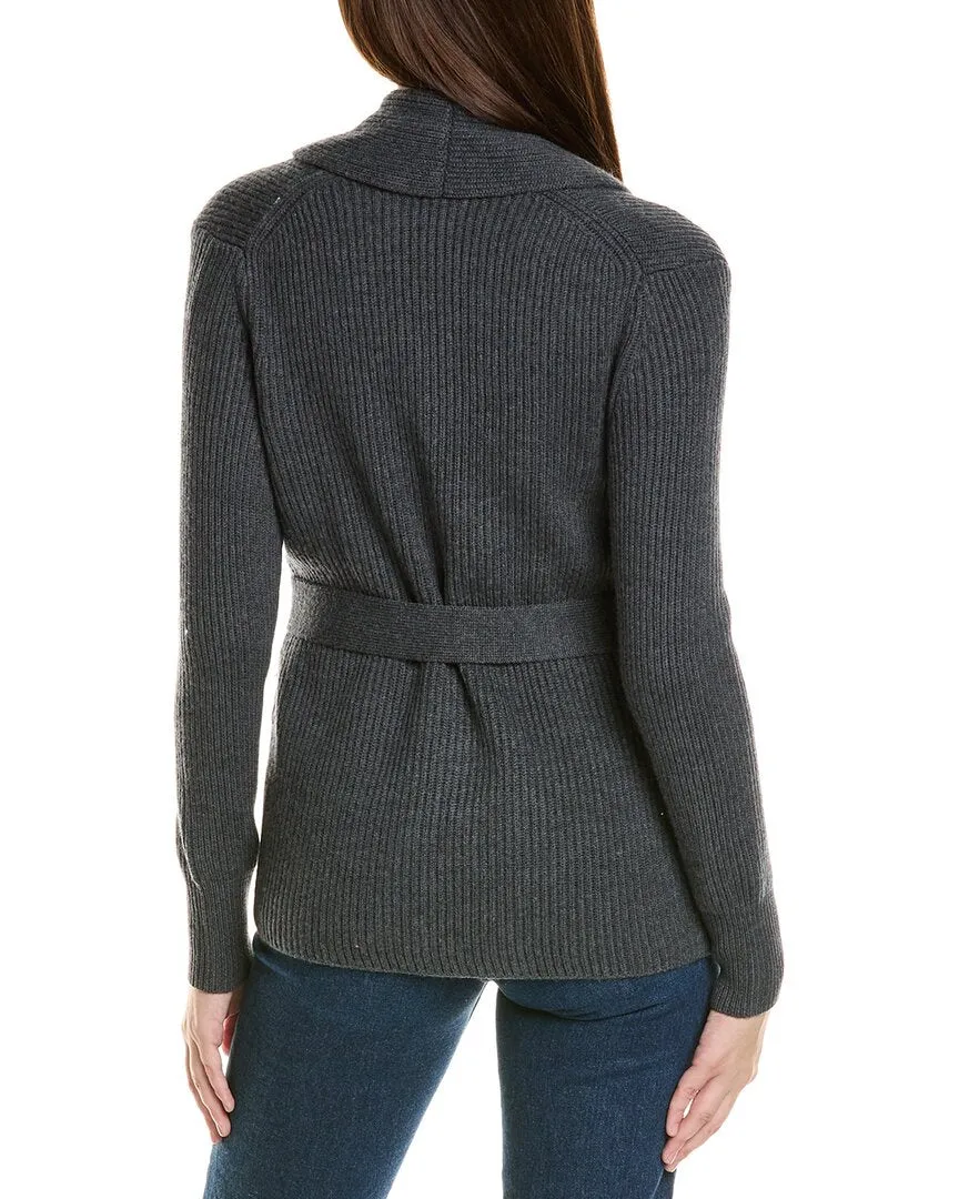 Bruno Magli Ribbed Belted Shawl Wool Cardigan