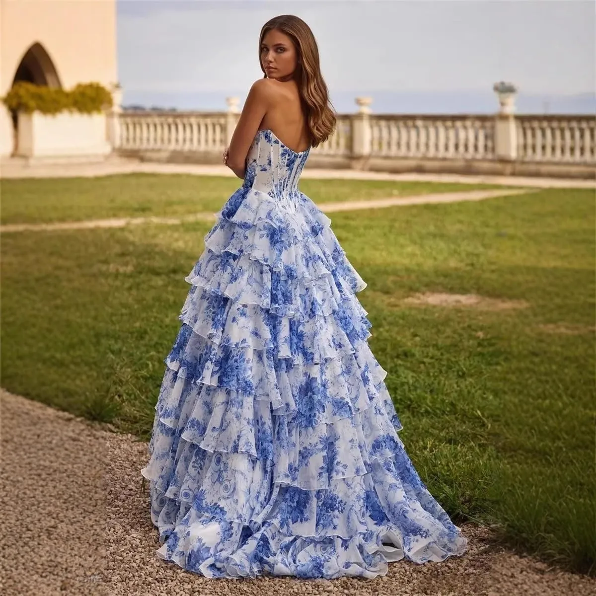 Chiffon Corset Prom Dresses for Women Floor Length Satin Tiered Ruffle Strapless Formal Dress Evening Gowns with Slit