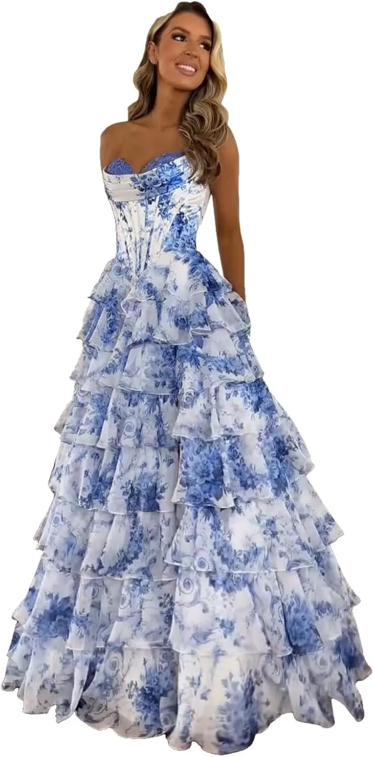 Chiffon Corset Prom Dresses for Women Floor Length Satin Tiered Ruffle Strapless Formal Dress Evening Gowns with Slit