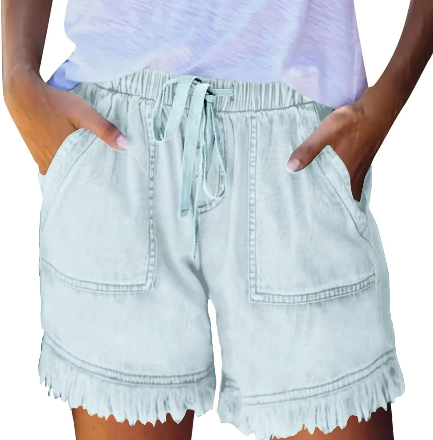 Cut Off Jeans Shorts for Women Elastic High Waisted Drawstring Raw Hem Denim Shorts Summer Hot Distressed Jeans