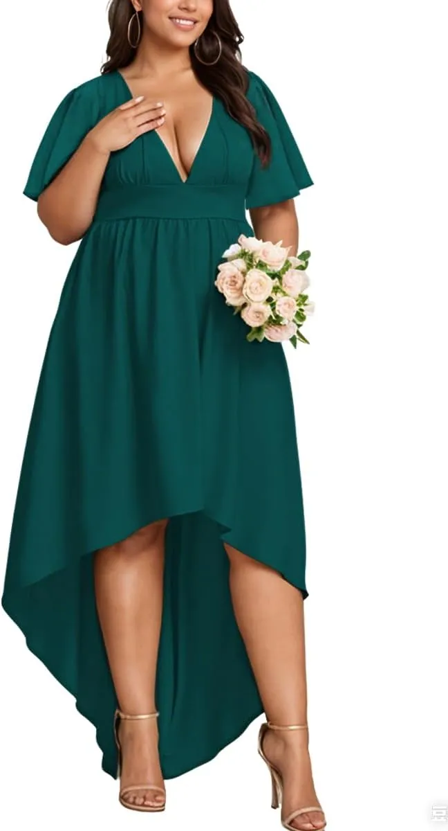 Elegant Dresses Formal Evening Cocktail Long Maxi Wedding Party Dress Sexy V Neck Ruffle Sleeve Hi Low Flowy Gowns