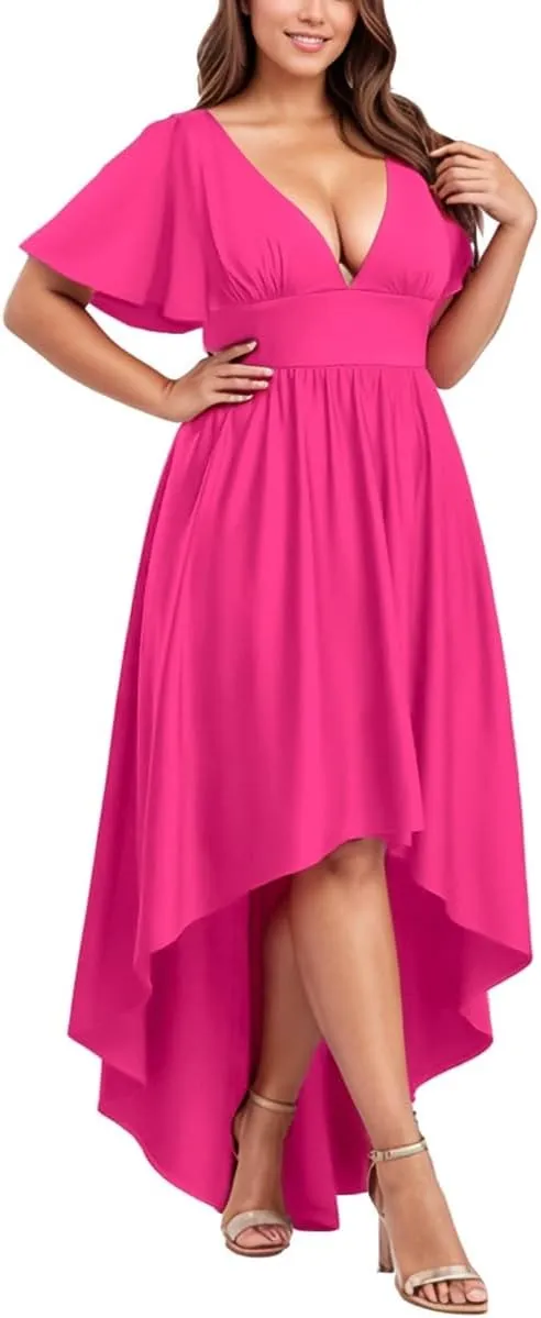 Elegant Dresses Formal Evening Cocktail Long Maxi Wedding Party Dress Sexy V Neck Ruffle Sleeve Hi Low Flowy Gowns