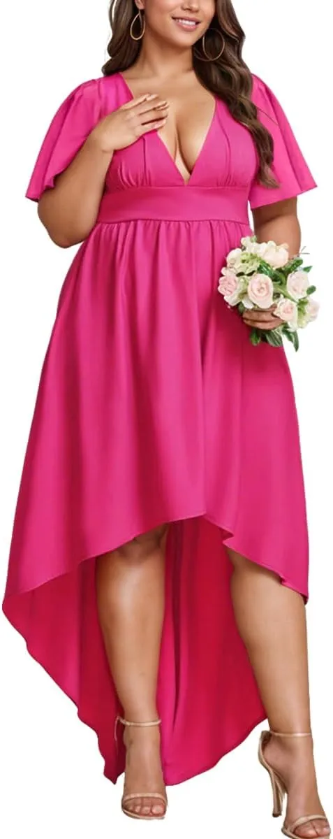 Elegant Dresses Formal Evening Cocktail Long Maxi Wedding Party Dress Sexy V Neck Ruffle Sleeve Hi Low Flowy Gowns