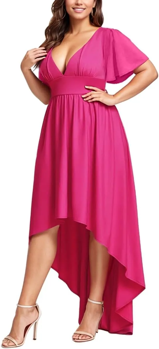 Elegant Dresses Formal Evening Cocktail Long Maxi Wedding Party Dress Sexy V Neck Ruffle Sleeve Hi Low Flowy Gowns