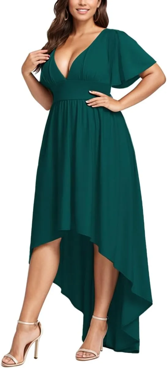 Elegant Dresses Formal Evening Cocktail Long Maxi Wedding Party Dress Sexy V Neck Ruffle Sleeve Hi Low Flowy Gowns