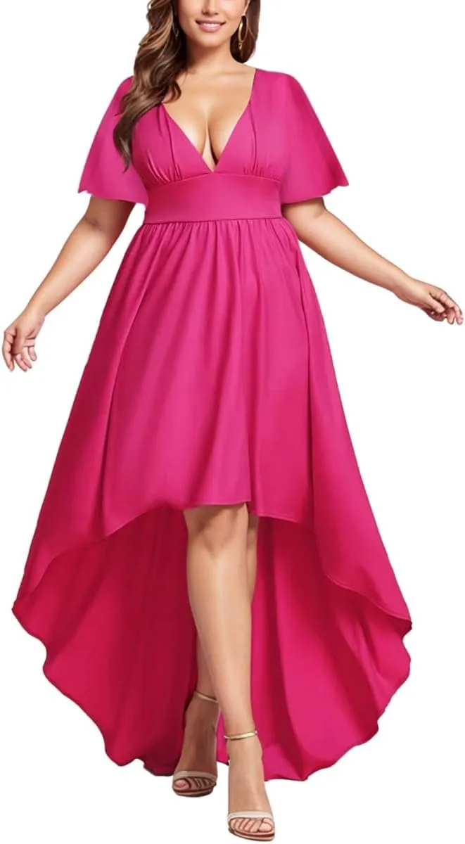 Elegant Dresses Formal Evening Cocktail Long Maxi Wedding Party Dress Sexy V Neck Ruffle Sleeve Hi Low Flowy Gowns