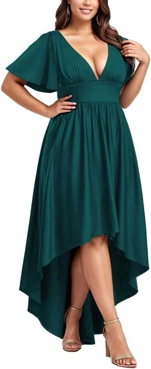 Elegant Dresses Formal Evening Cocktail Long Maxi Wedding Party Dress Sexy V Neck Ruffle Sleeve Hi Low Flowy Gowns