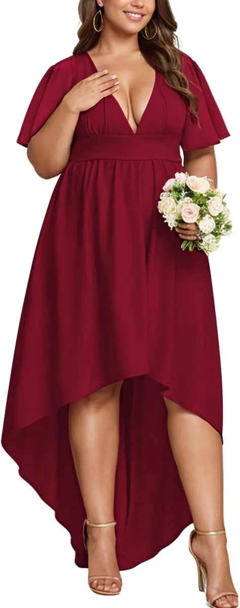 Elegant Dresses Formal Evening Cocktail Long Maxi Wedding Party Dress Sexy V Neck Ruffle Sleeve Hi Low Flowy Gowns