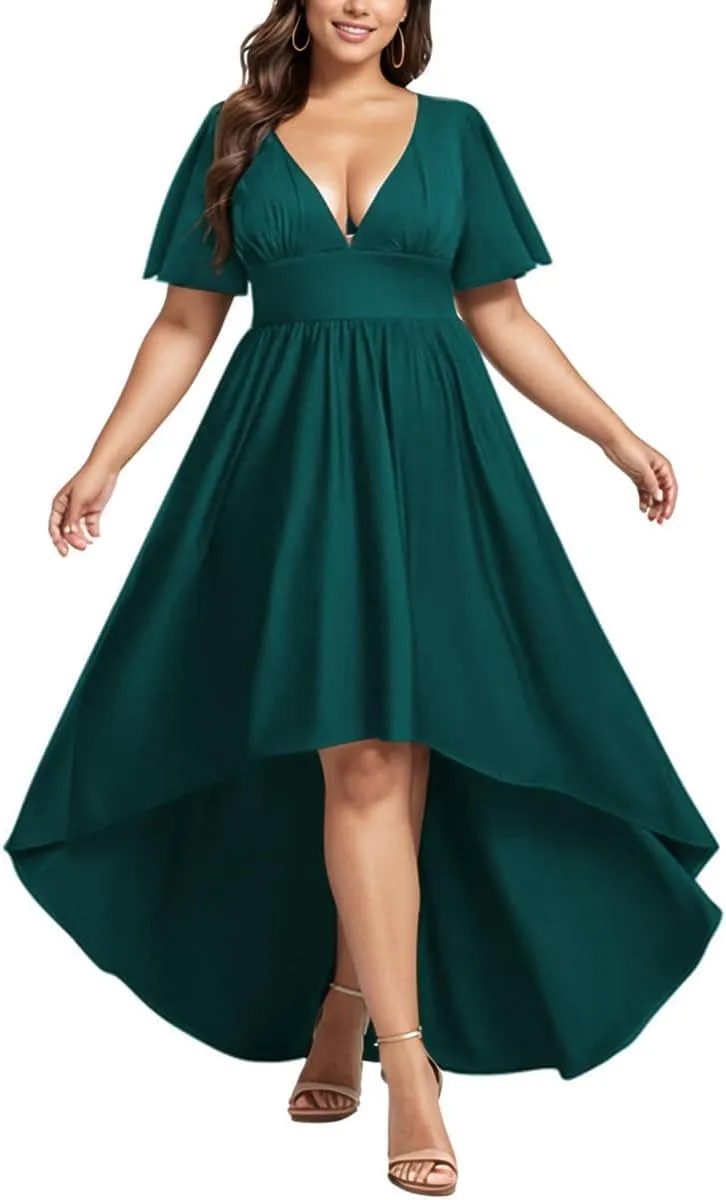 Elegant Dresses Formal Evening Cocktail Long Maxi Wedding Party Dress Sexy V Neck Ruffle Sleeve Hi Low Flowy Gowns