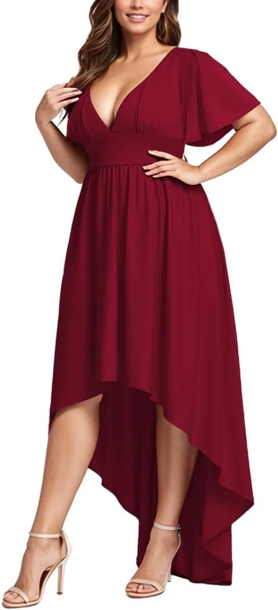 Elegant Dresses Formal Evening Cocktail Long Maxi Wedding Party Dress Sexy V Neck Ruffle Sleeve Hi Low Flowy Gowns