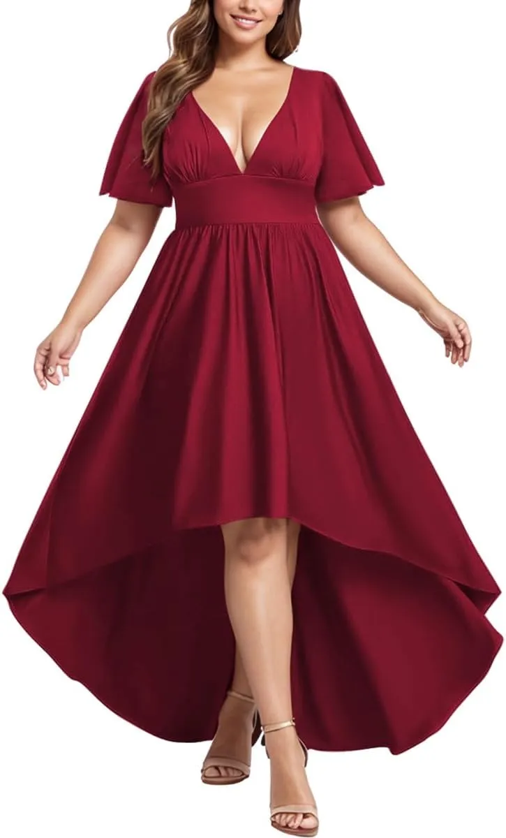 Elegant Dresses Formal Evening Cocktail Long Maxi Wedding Party Dress Sexy V Neck Ruffle Sleeve Hi Low Flowy Gowns