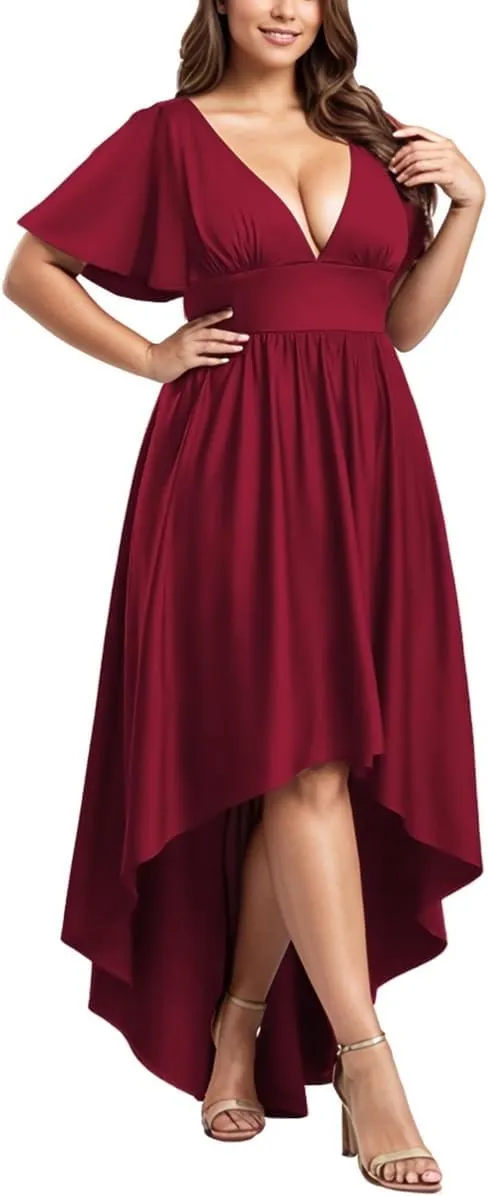 Elegant Dresses Formal Evening Cocktail Long Maxi Wedding Party Dress Sexy V Neck Ruffle Sleeve Hi Low Flowy Gowns