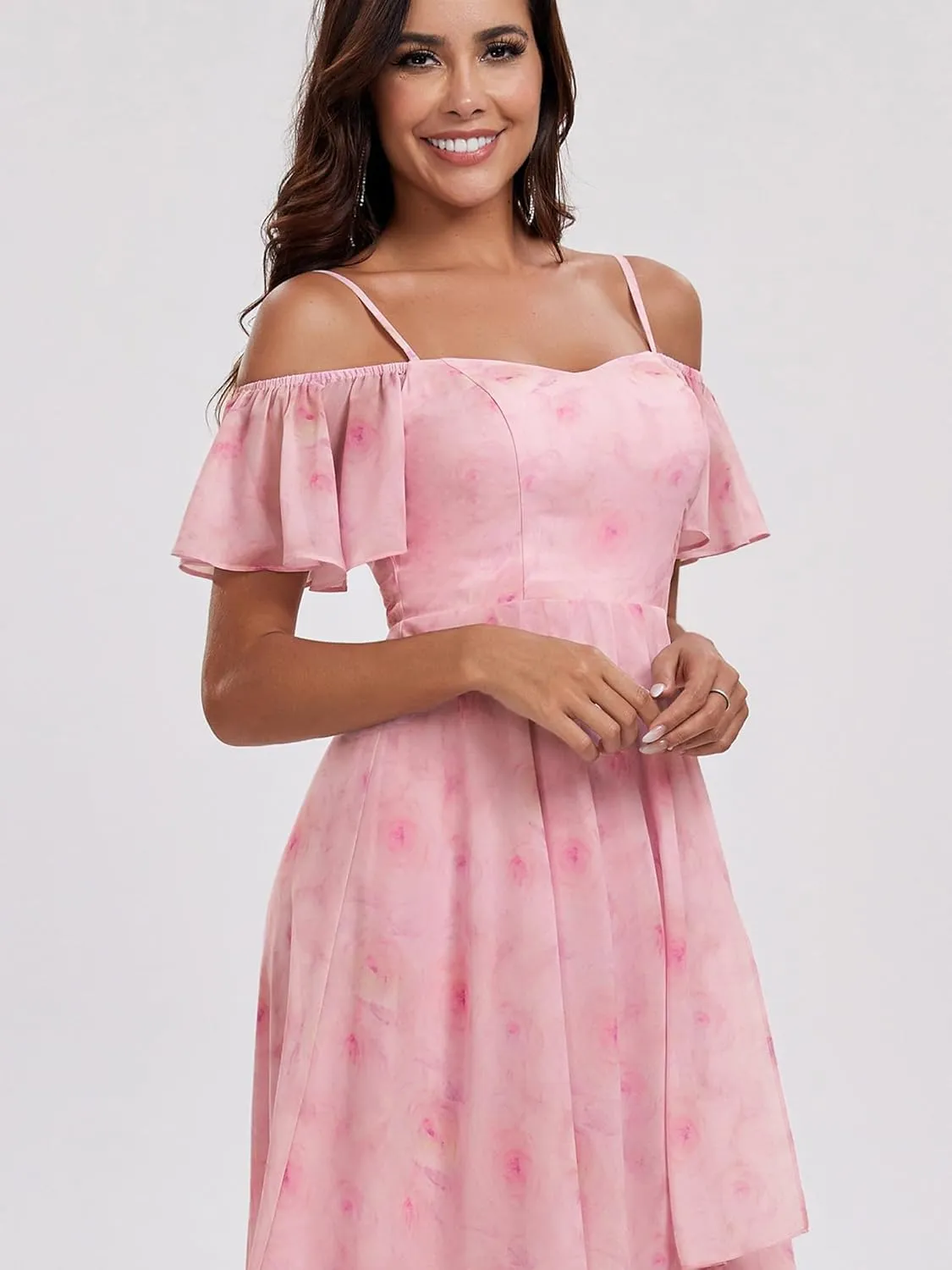 Ever-Pretty Women's Summer Cold Shoulder Hi-Lo Asymmetrical Hem Flowy Chiffon Short Wedding Guest Dress 02103
