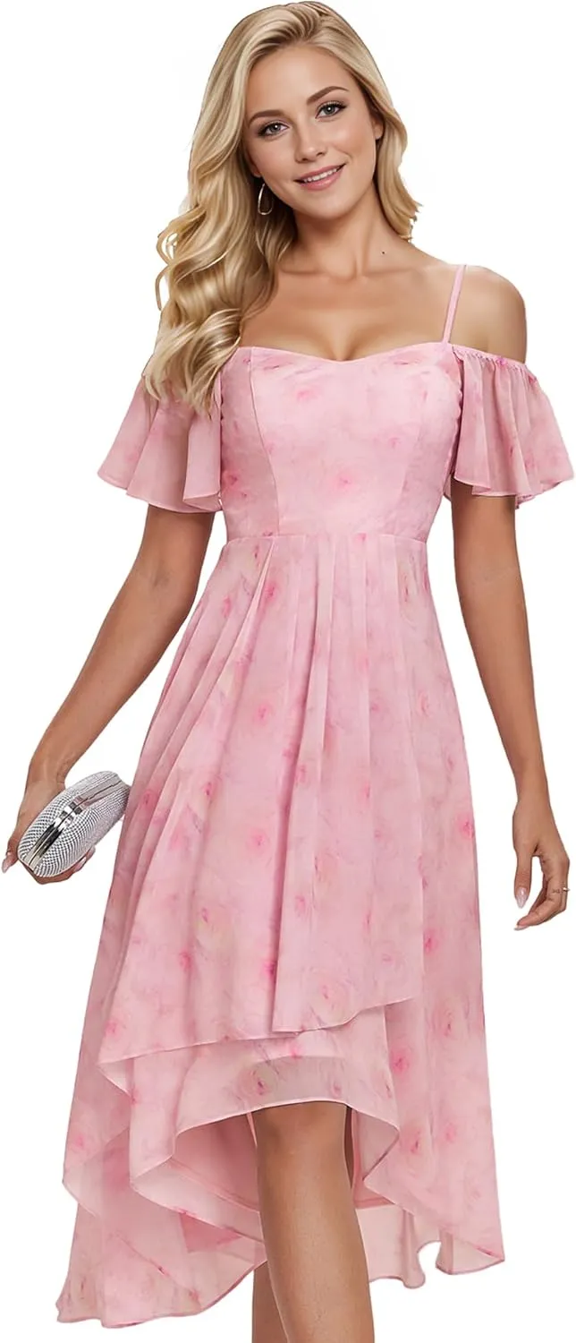 Ever-Pretty Women's Summer Cold Shoulder Hi-Lo Asymmetrical Hem Flowy Chiffon Short Wedding Guest Dress 02103
