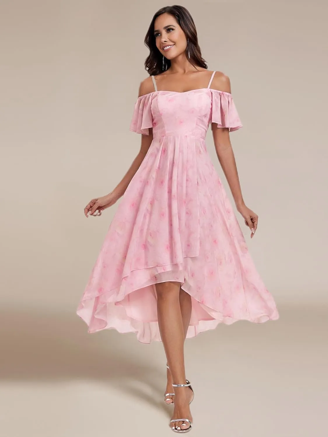 Ever-Pretty Women's Summer Cold Shoulder Hi-Lo Asymmetrical Hem Flowy Chiffon Short Wedding Guest Dress 02103