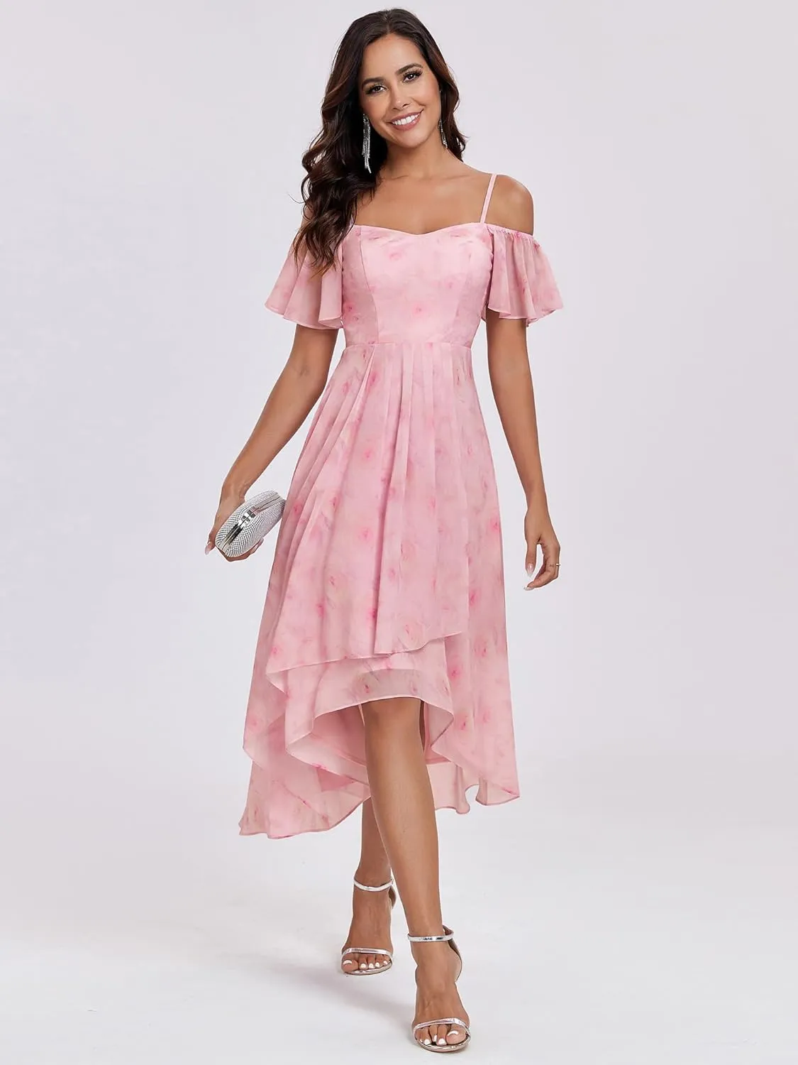 Ever-Pretty Women's Summer Cold Shoulder Hi-Lo Asymmetrical Hem Flowy Chiffon Short Wedding Guest Dress 02103