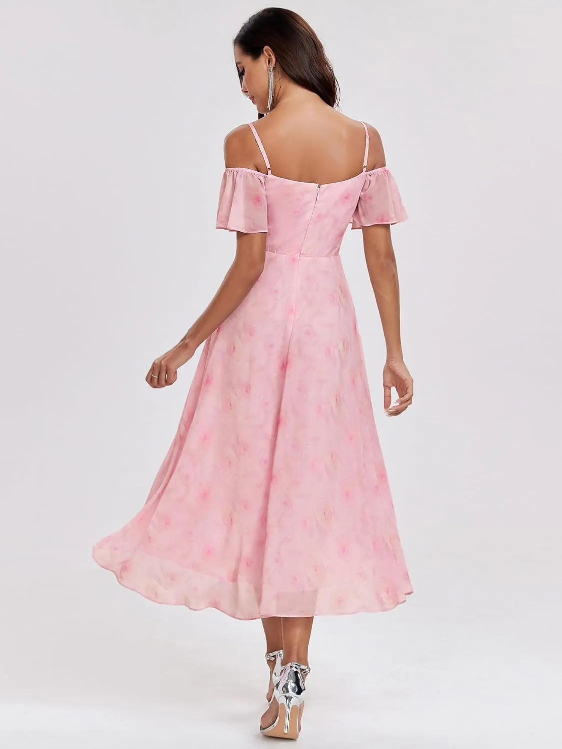 Ever-Pretty Women's Summer Cold Shoulder Hi-Lo Asymmetrical Hem Flowy Chiffon Short Wedding Guest Dress 02103