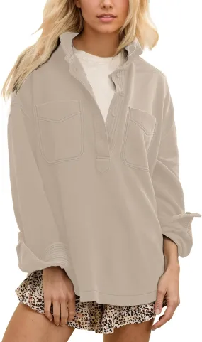Gacaky Sweatshirt for Women Oversized Casual Long Sleeve Polo V Neck Split Polo Sweatshirt Fashion Outfits Clothes
