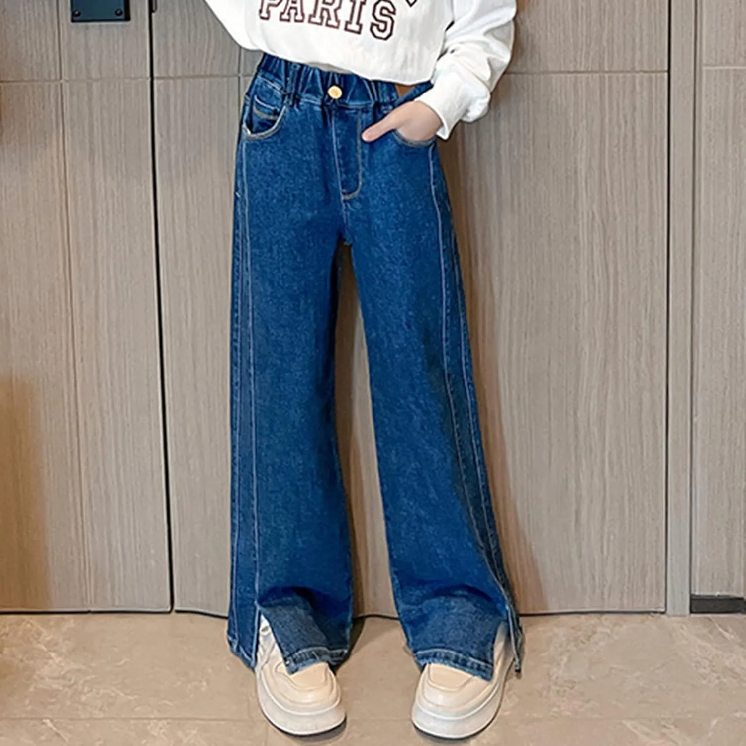 Girls Baggy Jeans Distressed Denim Pants Elastic Waist Wide Leg Jeans for Girls Kids Loose Fit Baggy Jeans Teens