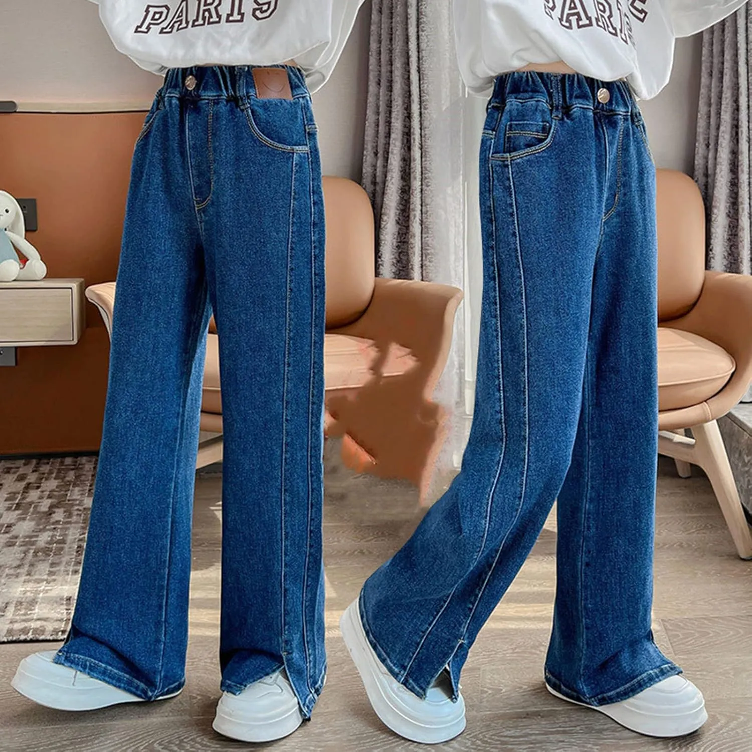 Girls Baggy Jeans Distressed Denim Pants Elastic Waist Wide Leg Jeans for Girls Kids Loose Fit Baggy Jeans Teens