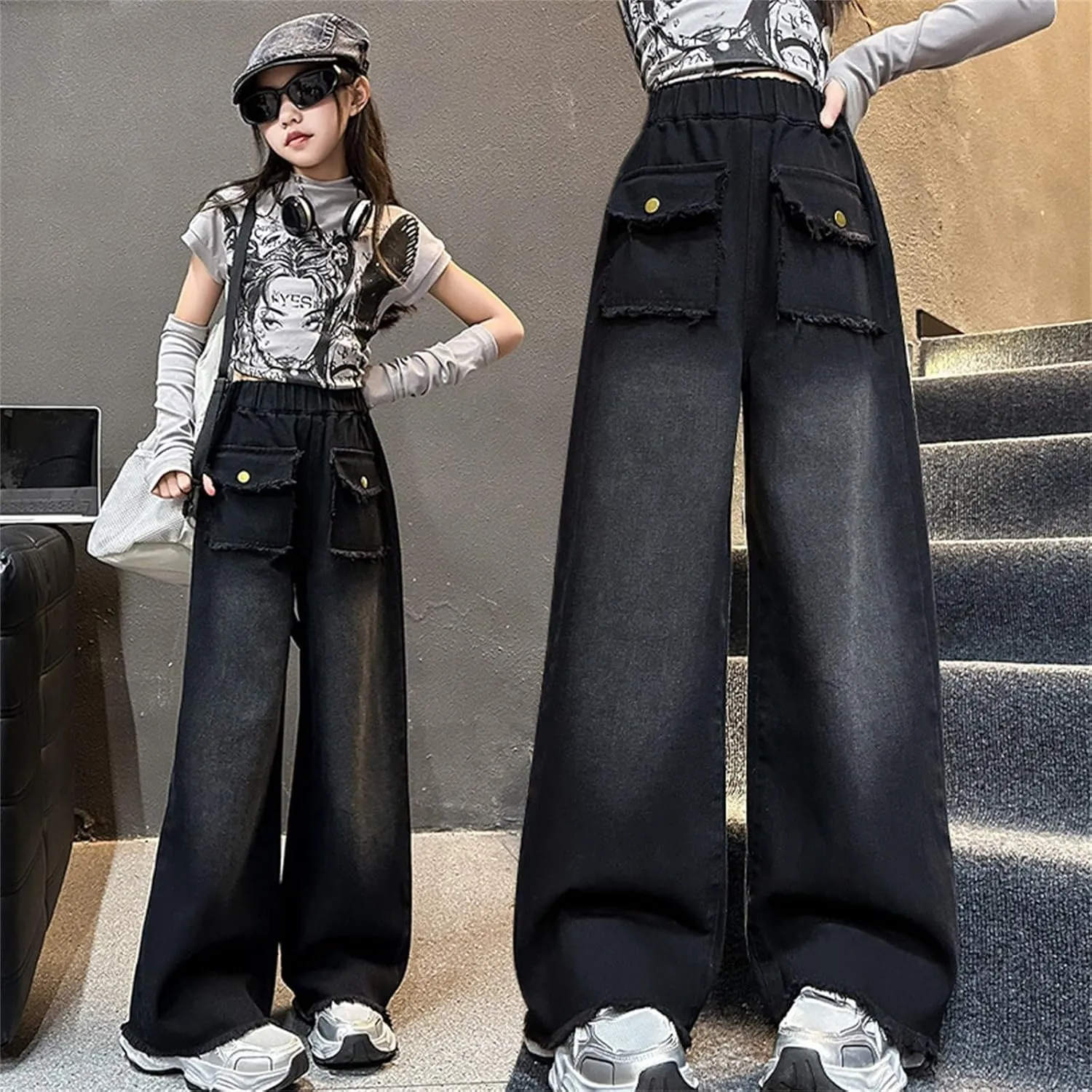 Girls Baggy Jeans Wide Leg Baggy Jeans High Waist Cargo Pants Vintage Streetwear Denim Jeans