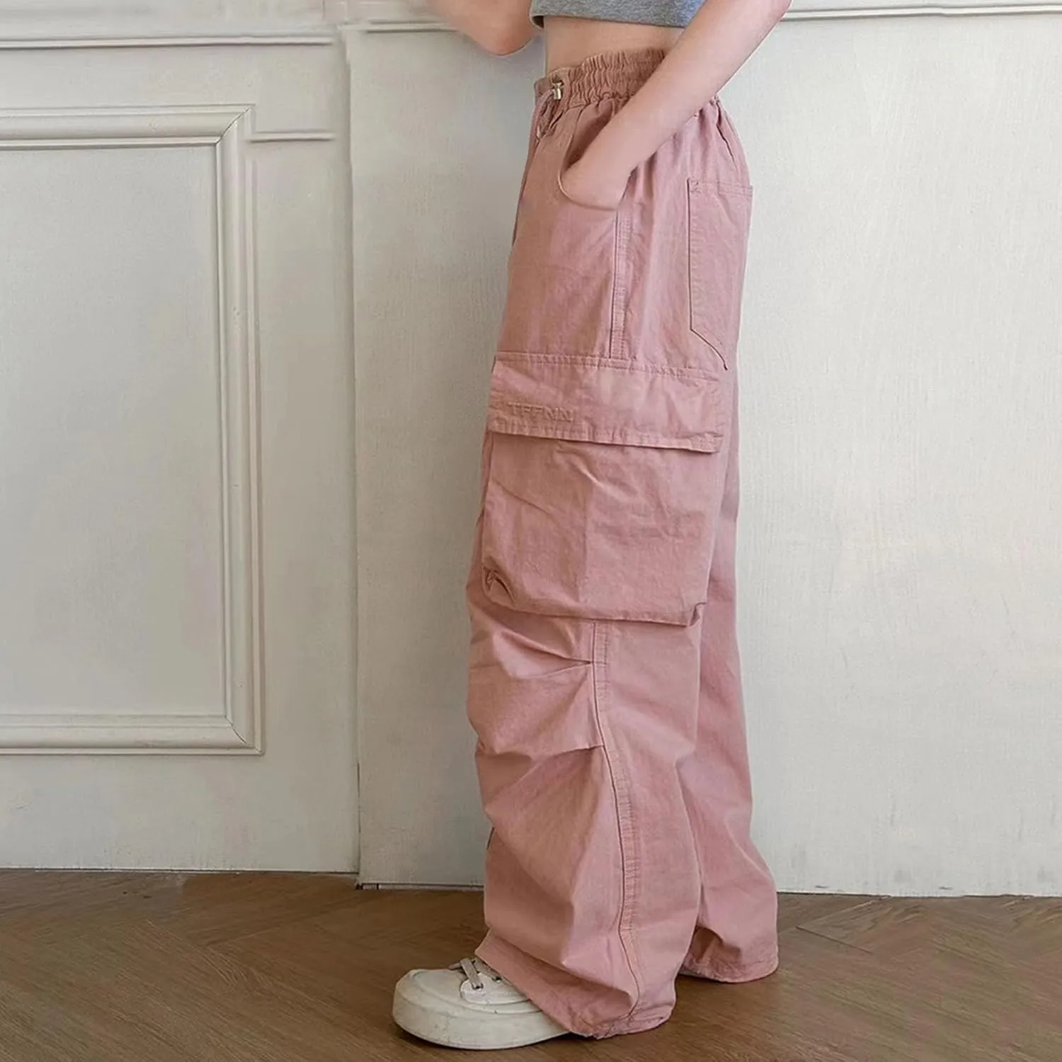 Girls Boys Cargo Pants High Waist Straight Leg Pants Elastic Waist Workout Joggers Kids Hiking Trouser Casual Pant