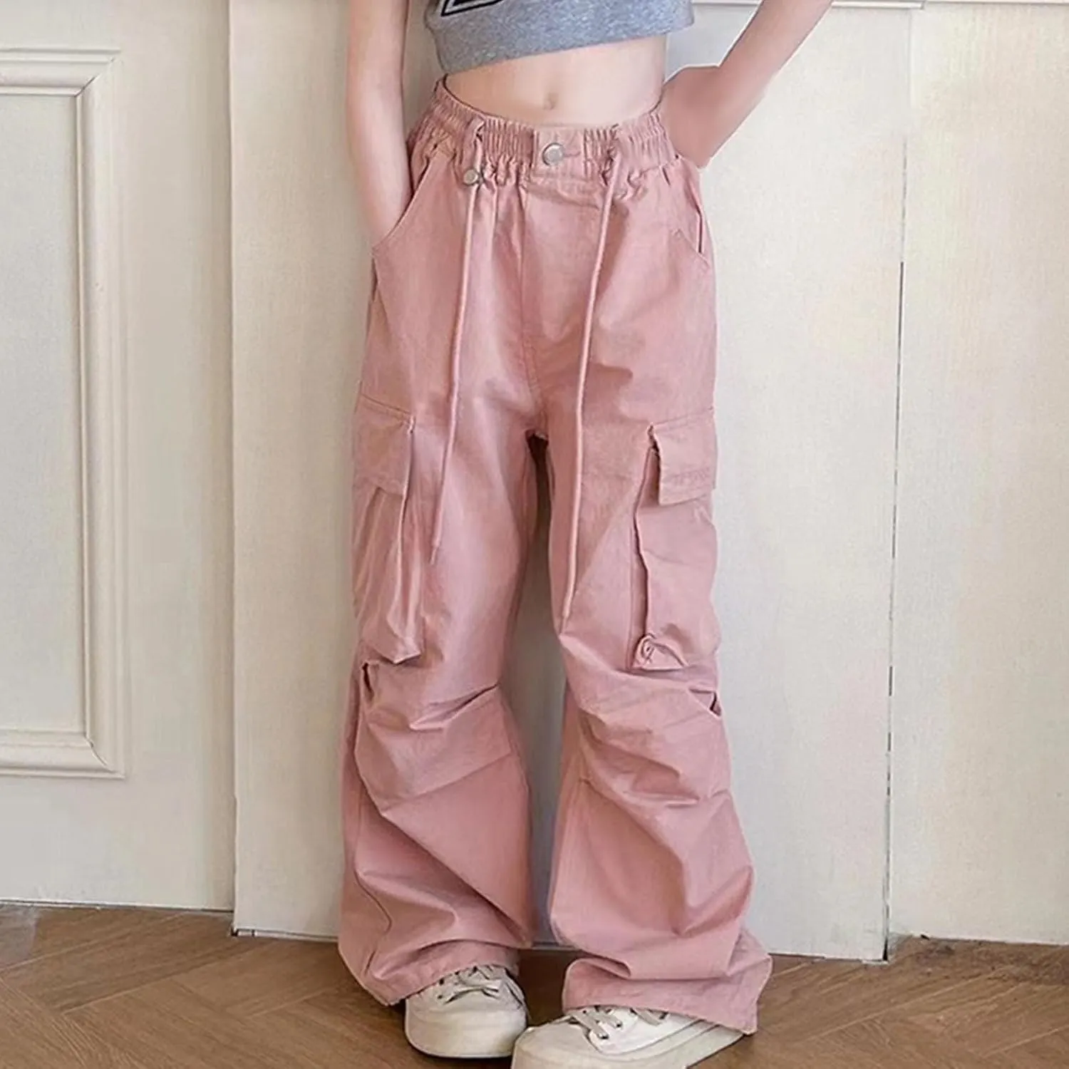 Girls Boys Cargo Pants High Waist Straight Leg Pants Elastic Waist Workout Joggers Kids Hiking Trouser Casual Pant