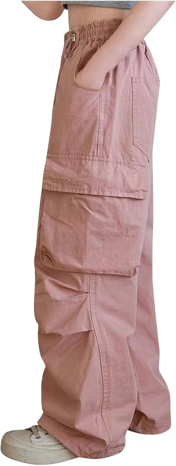 Girls Boys Cargo Pants High Waist Straight Leg Pants Elastic Waist Workout Joggers Kids Hiking Trouser Casual Pant