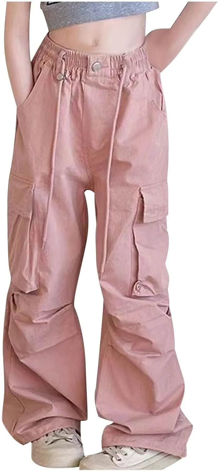 Girls Boys Cargo Pants High Waist Straight Leg Pants Elastic Waist Workout Joggers Kids Hiking Trouser Casual Pant