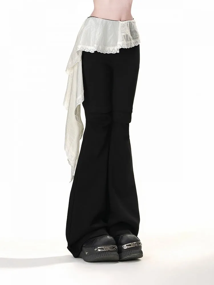 Hem Flared Pants Design Asymmetrical Black Elastic Waist Patchwork
