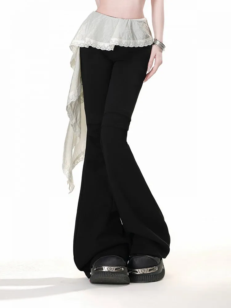 Hem Flared Pants Design Asymmetrical Black Elastic Waist Patchwork