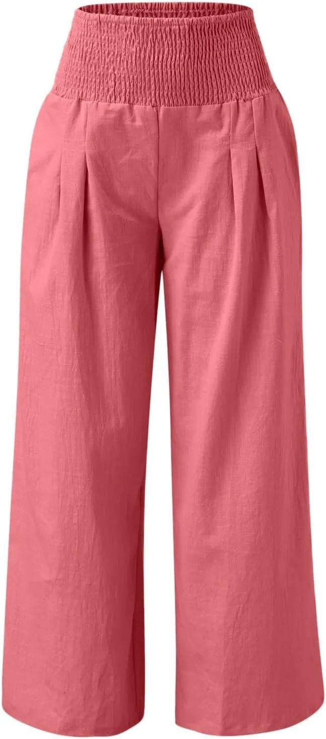 High Waist Wide Leg Palazzo Pants for Women Smocked Elastic Waist Loose Comfy Casual Pajama Pants Pockets Pant