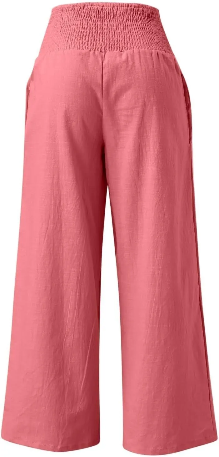 High Waist Wide Leg Palazzo Pants for Women Smocked Elastic Waist Loose Comfy Casual Pajama Pants Pockets Pant
