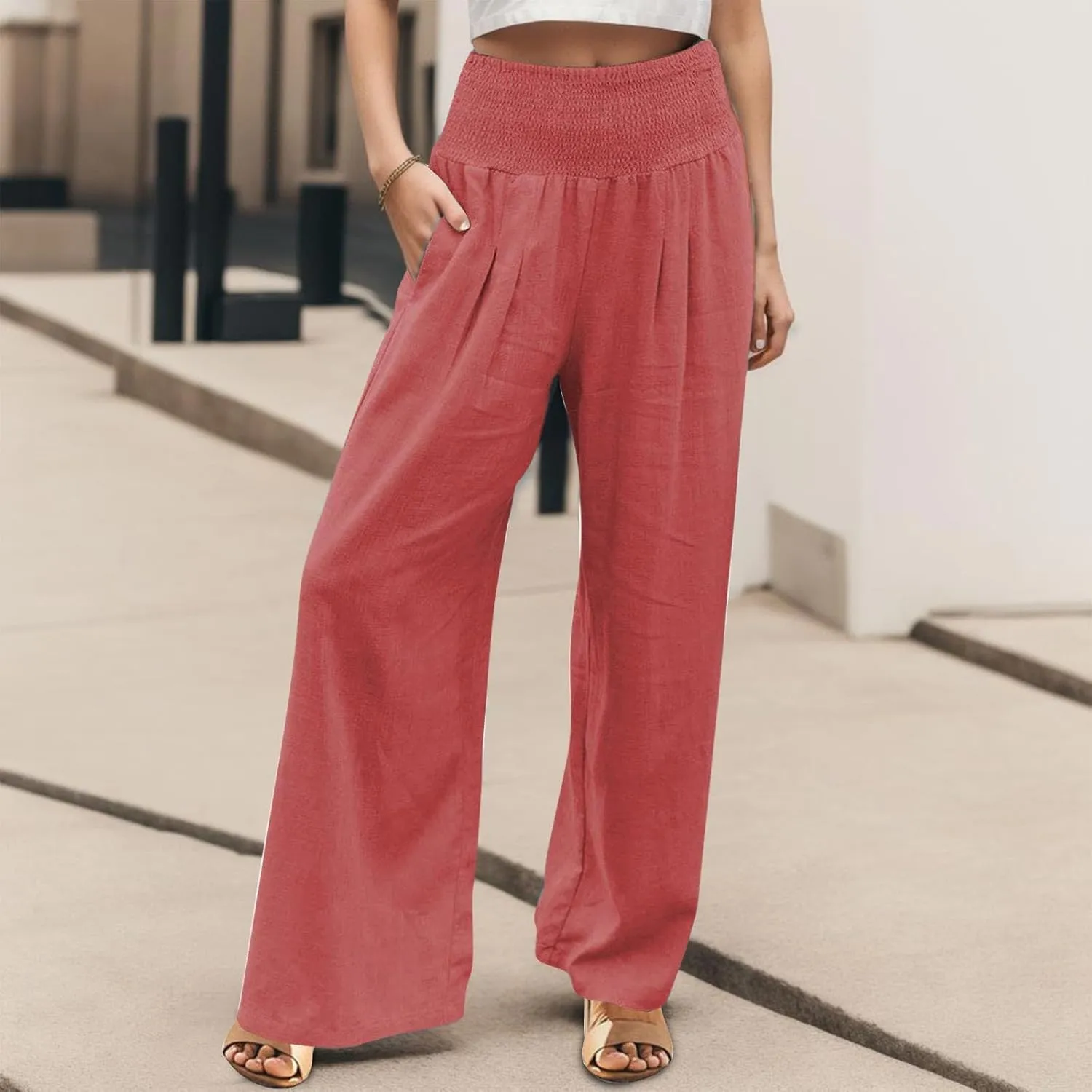 High Waist Wide Leg Palazzo Pants for Women Smocked Elastic Waist Loose Comfy Casual Pajama Pants Pockets Pant