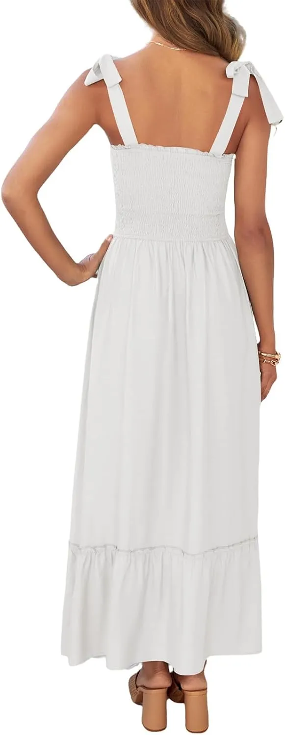 Kubbon Women's Summer Boho Maxi Dress Spaghetti Strap Square Neck Ruffle A Line Dresses Casual Long Beach Vacation Dresses