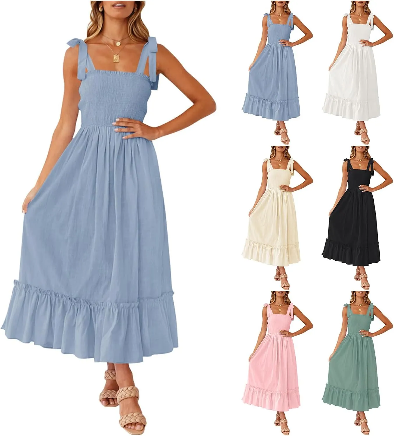 Kubbon Women's Summer Boho Maxi Dress Spaghetti Strap Square Neck Ruffle A Line Dresses Casual Long Beach Vacation Dresses