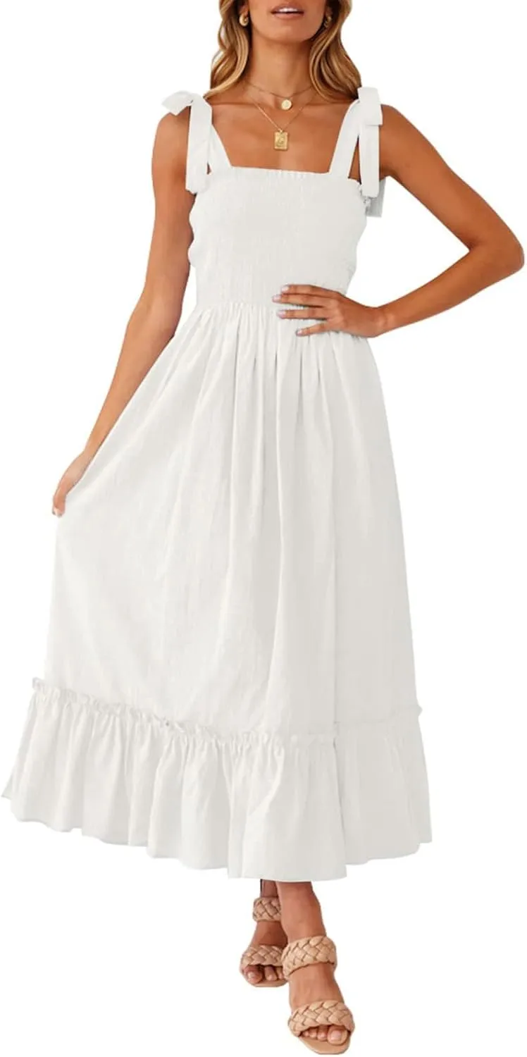 Kubbon Women's Summer Boho Maxi Dress Spaghetti Strap Square Neck Ruffle A Line Dresses Casual Long Beach Vacation Dresses