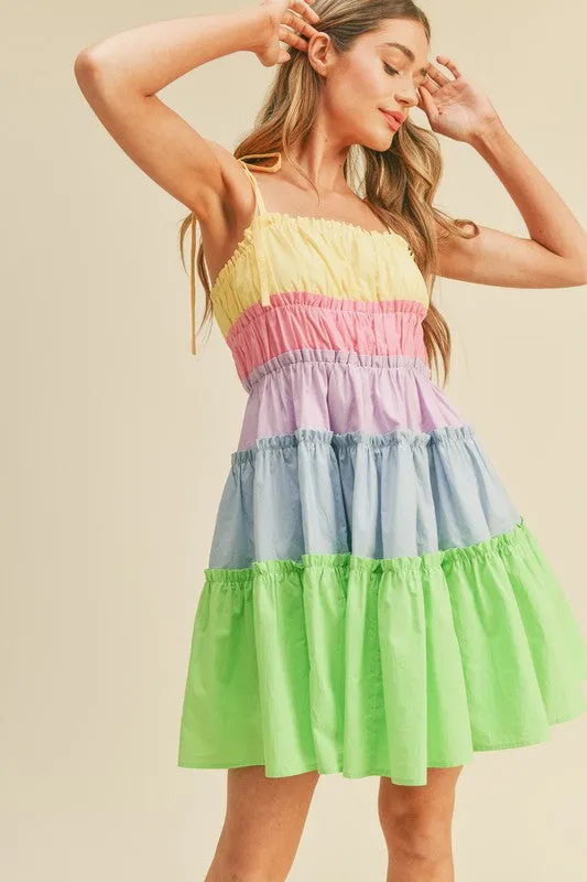 Limeade Multi Color Tiered Color Block Mini Dress