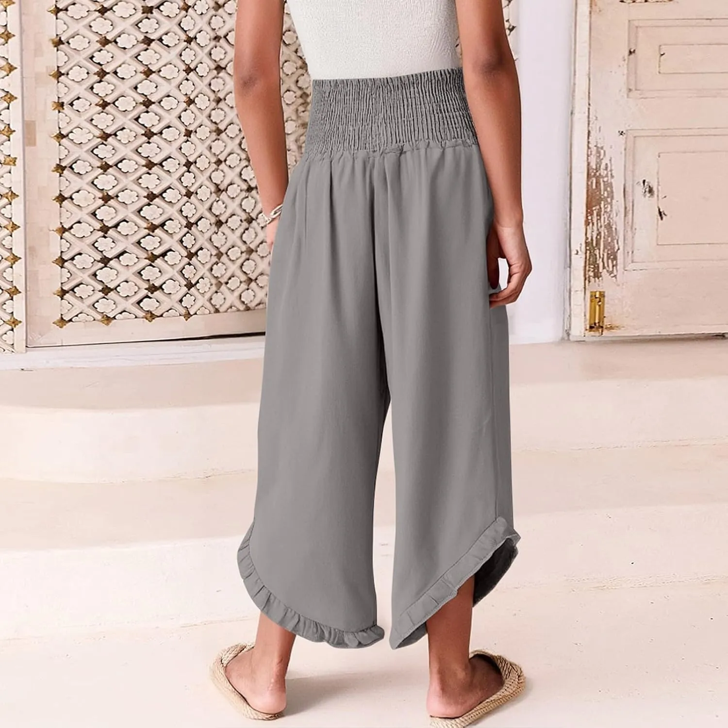 Linen Wide Leg Pants for Women Loose High Waist Straight Elastic Waist Casual Linen Outfits Women