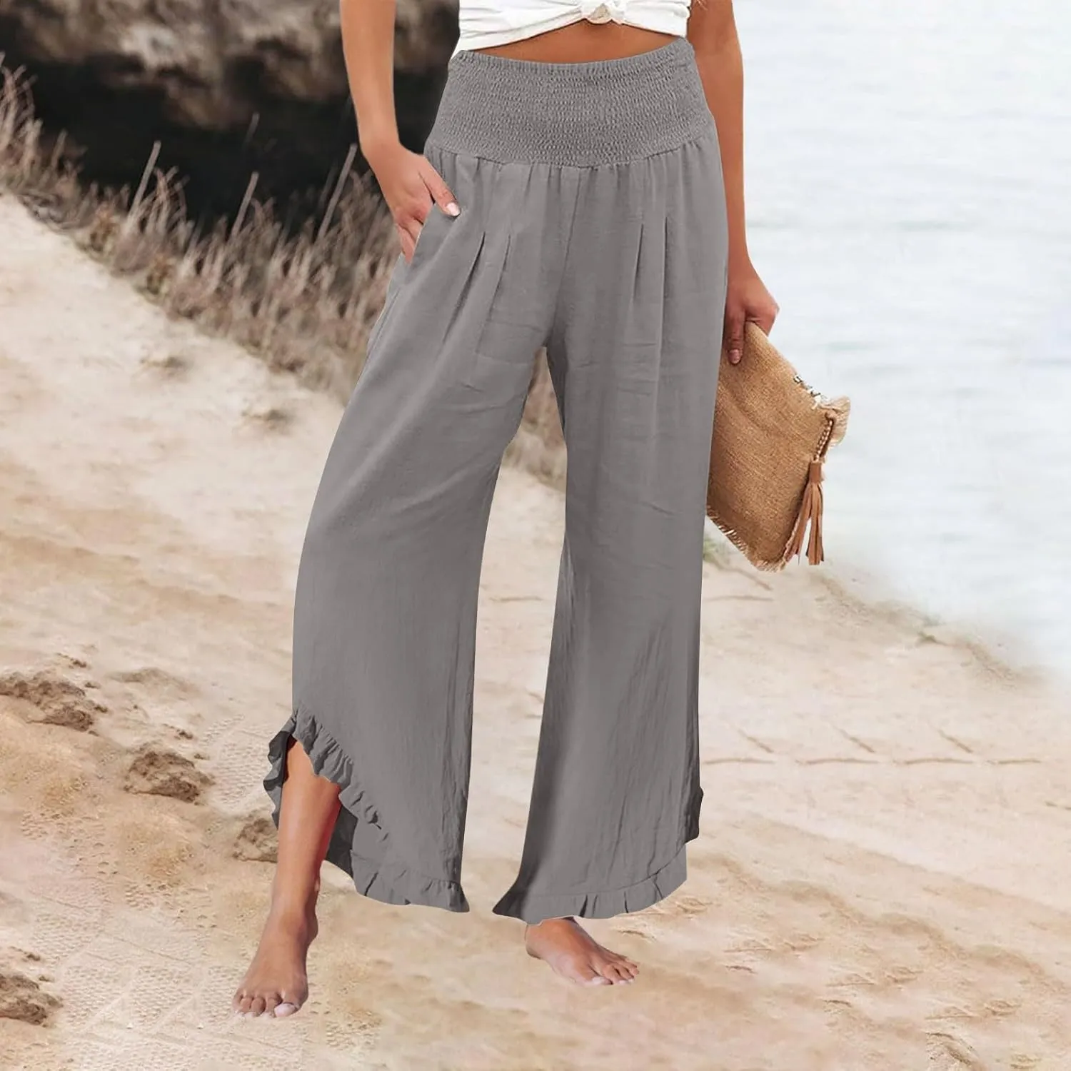 Linen Wide Leg Pants for Women Loose High Waist Straight Elastic Waist Casual Linen Outfits Women