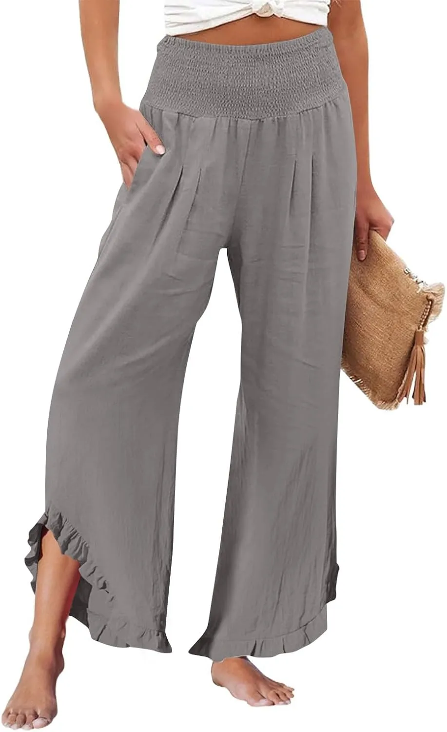 Linen Wide Leg Pants for Women Loose High Waist Straight Elastic Waist Casual Linen Outfits Women